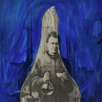 Obscure view: (husband and) wife, depicts Marie Curie and her husband Pierre, obscured by ultramarine paint to leave only Marie clearly visible within the shape of a flask. Painting in awe of nature and the act of creation