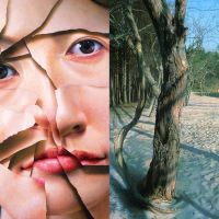 Fumihiko Gomi’s “The Woman Who Loved Beards” (left) and Fumihira Abiko’s “Reviving Kukunakihama Beach” Hidden truths laid bare in the details of realism