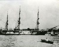 The 79-meter Turkish frigate Ertugrul in Istanbul (top) before its final voyage in 1890 when, after a “friendship call” to Yokohama, it was dashed to pieces in a typhoon off the coast of Oshima Island (above), leading to the loss of most of its crew and its commander (center, in photo, below) who had posed with his officers for this now-water-damaged photo (below) that was washed ashore after the disaster. Japan's tragic 'Titanic of Turkey'