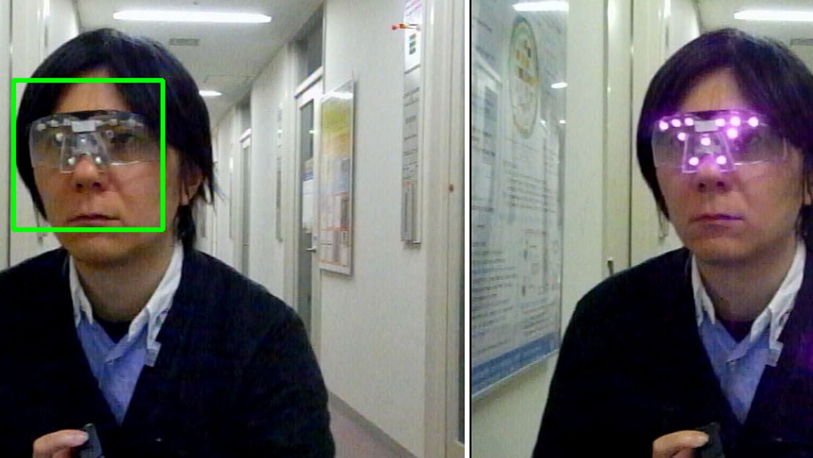 Anonymity: The “privacy visor” emits near-infrared light (right) to confuse facial recognition cameras. When it’s off (left), his image is captured, as indicated by the square frame surrounding the model’s face. Privacy goggles fool hidden facial-recognition cameras