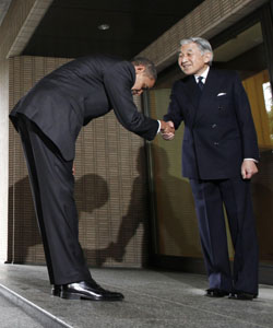 When in Tokyo: President Barack Obama shakes hands with and bows to Emperor Akihito at the same time at the Imperial Palace on Nov. 14. Some American critics accused the U.S. commander in chief of groveling to a foreign leader. Japan life: Etiquette by the numbers