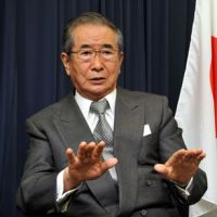 Talking tough: Nippon Ishin no Kai (Japan Restoration Party) leader Shintaro Ishihara is interviewed Monday in Tokyo. Ishihara talks up weapons exports as deterrent