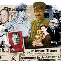 Making the news (l to r): Donald Richie, Shigeo Nagashima, Shigeru Yoshida, Richard Sorge (on stamp), Douglas MacArthur, Hideki Tojo, Michiko Shoda (playing piano), Akio Morita, Akira Kurosawa (behind the camera) and Eiko Ishioka. You read about them here first
