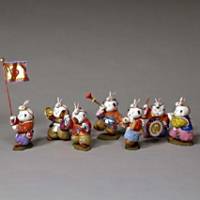 These Gosho Ningyo (court dolls) are part of a musical procession and were made by Oki Heizo V in 1939. Each doll is about 10-20 cm tall. Living tradition of court doll-making celebrated