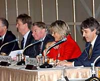 British journalists, from left, Anatole Kaletsky, Jeremy Warner, John Plender, Rosemary Righter and Larry Elliott, are generally positive about the long-term prospects for Japan’s economic recovery. U.K. journalists upbeat on economic outlook