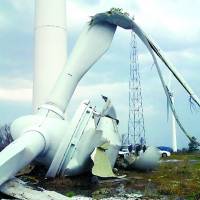 Renewable threat: A windmill lies wrecked in the town of Ine, Kyoto Prefecture, on Wednesday. Kyoto wind farm turbine falls after pylon snaps