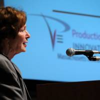 Suzanne Berger, a Massachusetts Institute of Technology professor of political science, addresses a March 28 symposium on manufacturing and innovation held in Tokyo. Holes in industrial ecosystems threaten manufacturing