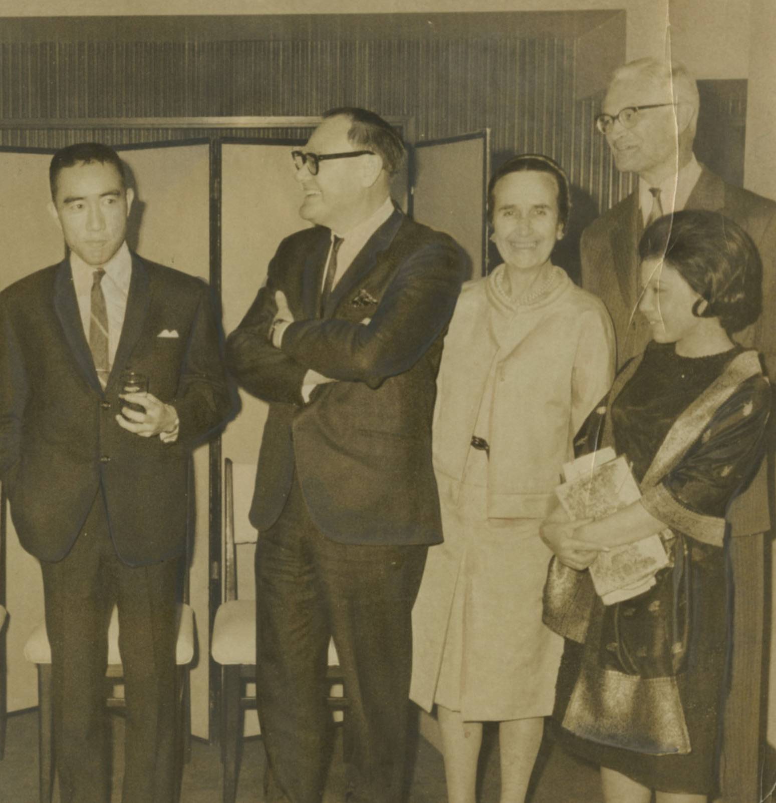 Celebrated: Guest of honor Yukio Mishima attends a dinner at the Foreign Correspondents Club in Tokyo on April 18, 1966, with (from right) his wife, Yoko, Swedish Ambassador Karl Fredrik Almqvist and his wife, and John P. Roderick, president of the FCCJ. Revealing the many masks of Mishima