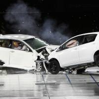 End of the road: Toyota cars are crashed during a safety test. Though not directly related to sudden-acceleration problems, to avoid such head-on horror Toyota is now developing a technology to veer a vehicle away when it isn’t able to stop before impact. Imperial Family's car woes sparked Toyota whistleblower