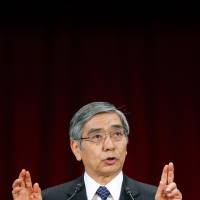Cash flow: BOJ Gov. Haruhiko Kuroda gestures during a speech in Tokyo on May 24. Shirakawa revival sought amid rout: Japan Credit