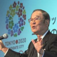 Full backing: Fujio Cho, honorary chairman of Toyota Motor Corp., speaks during the ACCJ Tokyo 2020 Olympics Task Force event in Tokyo’s Minato Ward on Wednesday. Japan Inc. backs Olympics bid: Cho