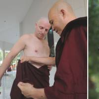 Settling in: British art historian Rupert Richard Arrowsmith is shown having his hair shorn, donning robes and walking after his ordination ceremony Feb. 23 as he enters life as a Buddhist monk at a monastery on the outskirts of Yangon. Myanmar monasteries offer boot camp to calm spirits of frazzled souls