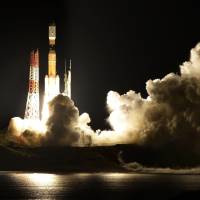 Space-bound: An H-IIB rocket lifts off from the Tanegashima Space Center in Kagoshima Prefecture early Sunday. On board is a Konotori unmanned cargo transporter containing 5.4 tons of supplies and equipment for the crew of the International Space Station. H-IIB rocket carrying cargo for ISS lifts off from Tanegashima