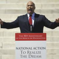 Greater things await: Newark Mayor Cory Booker, a rising Democratic star who is running for the U.S. Senate, speaks at an Aug. 24 rally from the steps of the Lincoln Memorial to commemorate the 50th anniversary of the 1963 March on Washington. Cory Booker: hope, hype — and heir to Barack Obama?