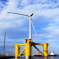 A floating offshore wind turbine in Fukushima. Japan hopes to blow ahead in renewables with floating wind farm