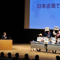 In a word: Moderator Akira Ikegami asks eight panelists what in their view is the most impressive feature of Japanese corporate culture at a symposium in Tokyo on Saturday. Young global talent discusses peace and language