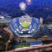 The future is now: An artist’s rendering released by Japan Sport Council shows the new National Stadium, designed by architect Zaha Hadid. The stadium, which will seat 80,000 spectators, will serve as the main venue for the 2020 Olympics in Tokyo. Zaha Hadid: queen of the curve