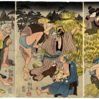 For sake's sake: This triptych by Utagawa Kuniyoshi (1797-1861), one of the last great masters of the ukiyo-e style of woodblock print-making, shows a group of foxes that have shape-shifted to look like humans and are having a wild party under cover of darkness. As they get increasingly drunk, though, one of them can't hold its human shape, while another gets back its fox's brush. In the days before there was street lighting, people commonly imagined such mystic animals' secret gatherings. Kanpai! Sake through the ages