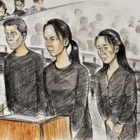 Mysterious deaths: Defendants (from left) Hiroyuki Kawamura, Kae Oe and Yumi Oe await sentencing at the Kobe District Court on Thursday. Three people found guilty in first trial over bizarre Amagasaki deaths