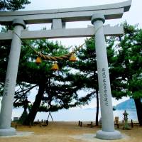Sacred sands: The great stone torii that stands proud along with stone lanterns and some of the 500 pine trees on Katsuragahama Beach. Fabled strand of 500 pines