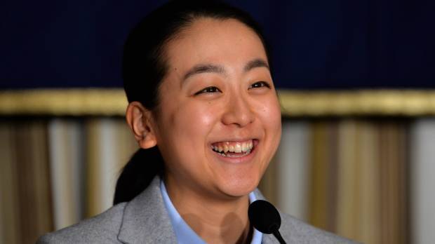 Figure skater Mao Asada smiles during a press conference held on Tuesday at the Foreign Correspondents’ Club of Japan in Tokyo. Mao gives measured response to Mori's criticism, defends use of triple axel