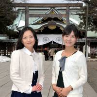 Pilgrims' progress: Model Junko Amo (left) and author Yuko Sanami visit Yasukuni Shrine on Thursday. Drift rightward has been building for years
