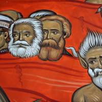 Red devils: This detail from a fresco of sinners in hell at the new Church of Christ’s Resurrection in Podgorica shows a demon below German communist philosophers Karl Marx (center) and Friedrich Engels (right) and Yugoslav communist leader Josip Broz Tito. Communists roast in hell in huge new Montenegro church