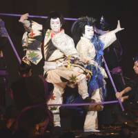 Mix’n’match: Contemporary theater actor Kuranosuke Sasaki (left) and Ennnosuke Ichikawa IV on stage in Tomohiro Maekawa’s “The One Who Sculpts the Sky.” Super Kabuki 'spells fun'