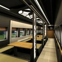 An image photo shows the tatami-matted interior of a special sightseeing car that will be used on the Yamagata Shinkansen Line. Yamagata bullet train to get foot baths, tatami