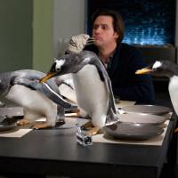 Jim Carrey entertains penguins for “Mr. Popper’s Penguins” in a publicity image released by 20th Century Fox. Getting animals to shine on screen can be a wild job