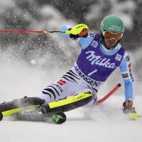 On the edge: Germany’s Felix Neureuther competes in a World Cup slalom in Wengen, Switzerland, on Saturday. Neureuther won in a time of 1 minute, 46.93 seconds. Neureuther wins World Cup slalom