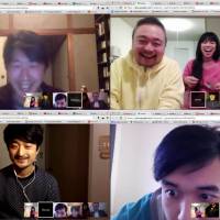 Members of IDPW (clockwise from top left) Tomoya Watanabe, Shingo Ohno and exonemo (Yae Akaiwa and Kensuke Sembo), Takahiro Yamaguchi and Shunya Hagiwara speak during a Google Hangout. Code + culture: New Internet artists from Japan
