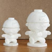 Prototypes of Toshiro, the mascot for the city of Seto in Aichi Prefecture, that were made using a 3-D printer are arranged for display. The character is modeled after the 13th-century potter Toshiro. Pottery-makers may embrace 3-D printing to hone their designs