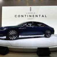 The new Lincoln Continental Concept car is introduced Wednesday during the first press preview day at the 2015 New York Auto Show at the Jacob Javits Center in New York. New York motor show stealing Detroit's thunder