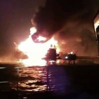 Screen grab from a video released Wednesday by Diario Campeche Hoy shows the Abkatun A-Permanente platform ablaze in the Gulf of Mexico’s Campeche Sound. An explosion and a fire erupted on the platform operated by Mexico’s Pemex on Wednesday, killing at least four workers, injuring 16 and forcing 300 to be evacuated. Mexican oil rig burns off coast; four dead, 16 injured