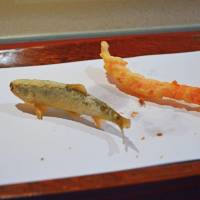 Consuming fossils: A fresh water trout and Japanese Tiger Shrimp are embalmed in tempura for Shitaro's lunch set. Embalming tiger shrimp in tempura at Shintaro