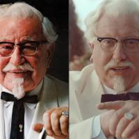 This combination of images provided by KFC shows Colonel Harland Sanders (left) and “Saturday Night Live” alum Darrell Hammond portraying Sanders in a new KFC television ad. The real Colonel Sanders died nearly 35 years ago, and KFC hasn’t featured him in TV ads for about 20 years. KFC resurrects Colonel Sanders in new TV ads