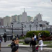 The USS San Antonio sails past Battery Park during the parade of ships in New York Harbor for Fleet Week on Wednesday. Navy Secretary Ray Mabus said the same day the Navy has its guard up against cyberthreats. U.S. Navy secretary: Cyberthreats getting 'whole lot of attention'