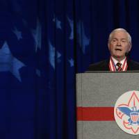 Former Defense Secretary Robert Gates addresses the Boy Scouts of America's annual meeting in Nashville, Tennessee on May 23, 2014, after being selected as the organization's new president. On Thursday Gates said that the organization's longstanding ban on participation by openly gay adults is no longer sustainable, and called for change in order to avert potentially destructive legal battles. End ban on U.S. Boy Scout leaders, BSA chief urges