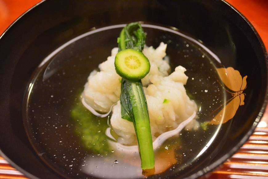 Aji Fukushima Conger eel soup: The suimono (clear soup) at Aji Fukushima has a hint of yuzu, which complements the relatively plain hamo (conger eel). | J.J. O'DONOGHUE