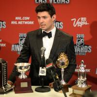 Montreal Canadiens goalie Carey Price speaks to the media after winning Hart, Vezina and Jennings trophies and the Ted Lindsay Award at the NHL’s annual postseason award ceremony in Las Vegas on Wednesday night. Canadiens goalie Price earns multiple NHL honors
