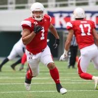 Japan national football team wide receiver Naoki Maeda, seen playing in an exhibition game last month in Kawasaki, is a former basketball player. Multisport culture failing to take root in Japan