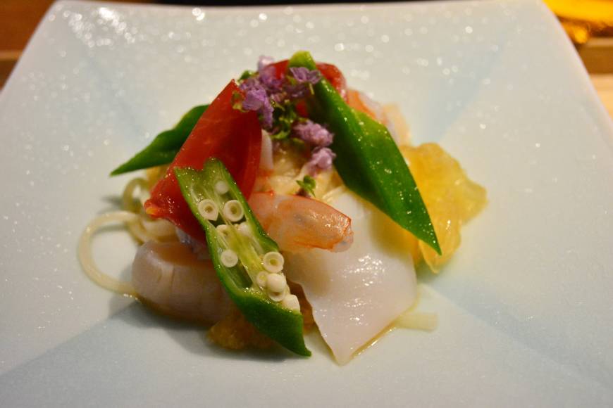 Gion Sasaki Multicolored mountain: Gion Sasaki's udon salad includes fresh shrimp, jellyfish, squid and okra, and is prepared right on the countertop. | J.J. O'DONOGHUE