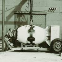 Nuclear first: The atomic bomb nicknamed “Fat Man” sits on transport carriage on Tinian Island in August 1945. The top-secret flights that ended the war