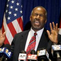 U.S. Republican presidential candidate Ben Carson reacts to a question about his past at a news conference in Palm Beach Gardens, Florida, on Friday. Egyptian antiquities officials scoff at Ben Carson's pyramid claims