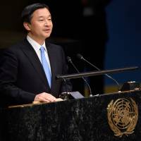 Crown Prince Naruhito speaks on the floor of the General Assembly Hall at the Special Thematic Session on Water and Disaster on Wednesday at the United Nations in New York. Crown Prince urges efforts to curb water disasters, points to Japan's resource controls