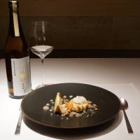 Odd couple: Roasted pear, sorbet and cheesecake served with Aramasa Amaneko junmai-shu sake. Desserts and paired sake at Tokyo's Tirpse