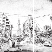 It’s a mess: Spreads from the “Tokyo Bosai” instruction manual show depictions of Tokyo following a massive earthquake. A guide to disaster survival and good design