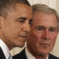 President Barack Obama and former President George W. Bush take part in a ceremony to unveil Bush’s portrait in the East Room of the White House on May 31, 2012. On Muslims, Democrats find an unlikely ally: George W Bush
