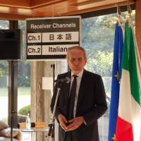 Italian Ambassador Domenico Giorgi makes opening remarks at an event to promote direct investment in Italy at the Italian Embassy in Tokyo’s Minato Ward, on Nov. 18. Promoting Japanese direct investment in Italy